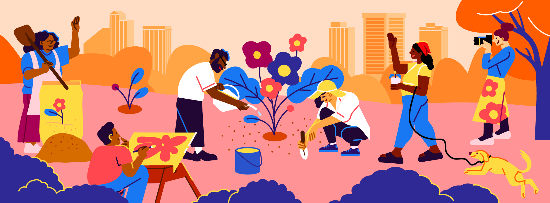 Digital artwork of people tending a flowering plant
